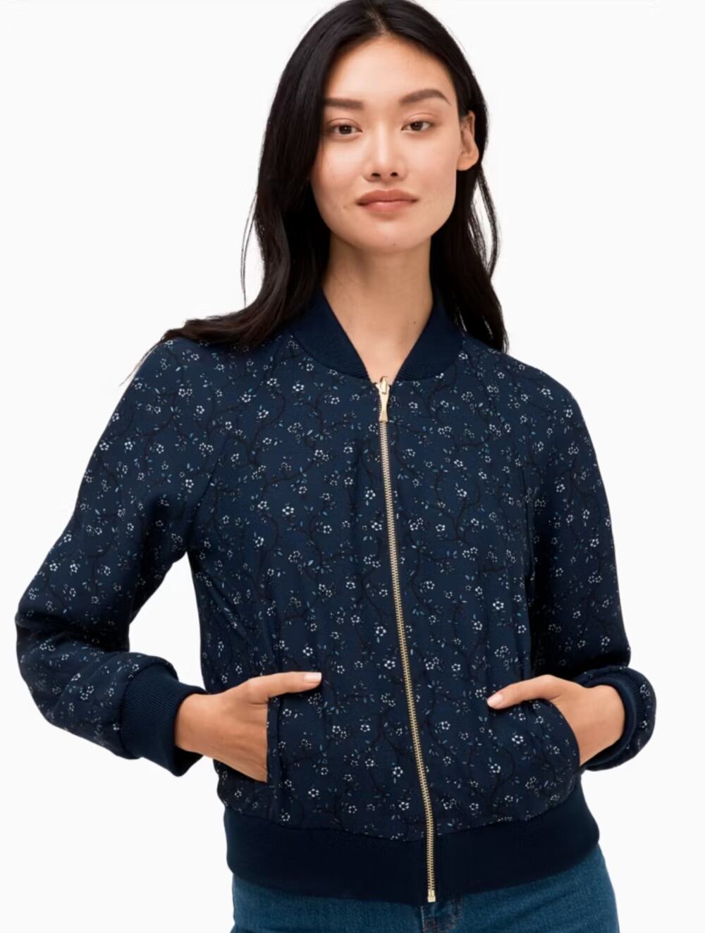 Kate Spade Out West Wild Roses Reversible Bomber Jacket Floral Blue Womens L